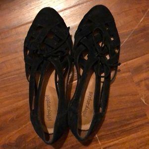 Black, Suede,  tie-up flats. Jeffrey Campbell
